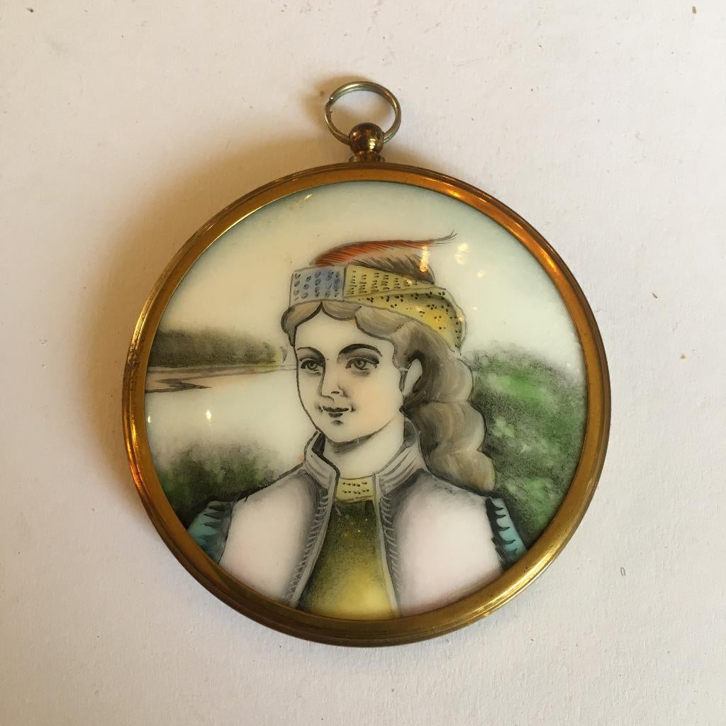 Emaille plaquette in rond lijstje, Antiek en Kunst, Ophalen of Verzenden