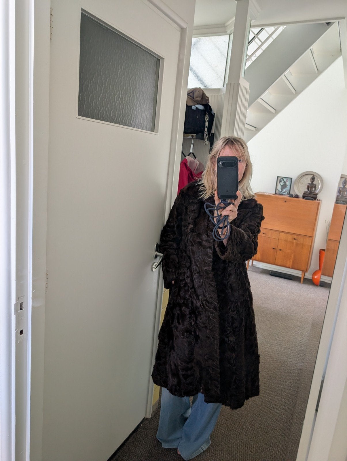 Vintage Persianer bontjas met nertskraag, maat M/38, Maat 38/40 (M), Ophalen of Verzenden, Gedragen, Ed Scholten