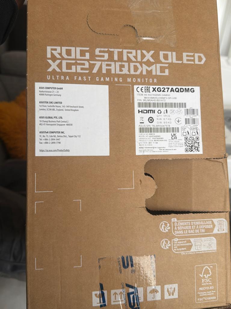 ASUS ROG Strix XG27AQDMG OLED Gaming Monitor, Gaming, HDMI, Nieuw, Quad HD (2K)