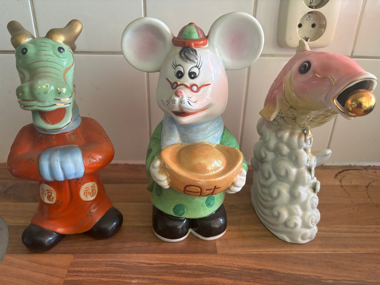 Set van 3 Chinese beeldjes: Draak, Muis en Vis, Ophalen of Verzenden, Gebruikt, Overige typen