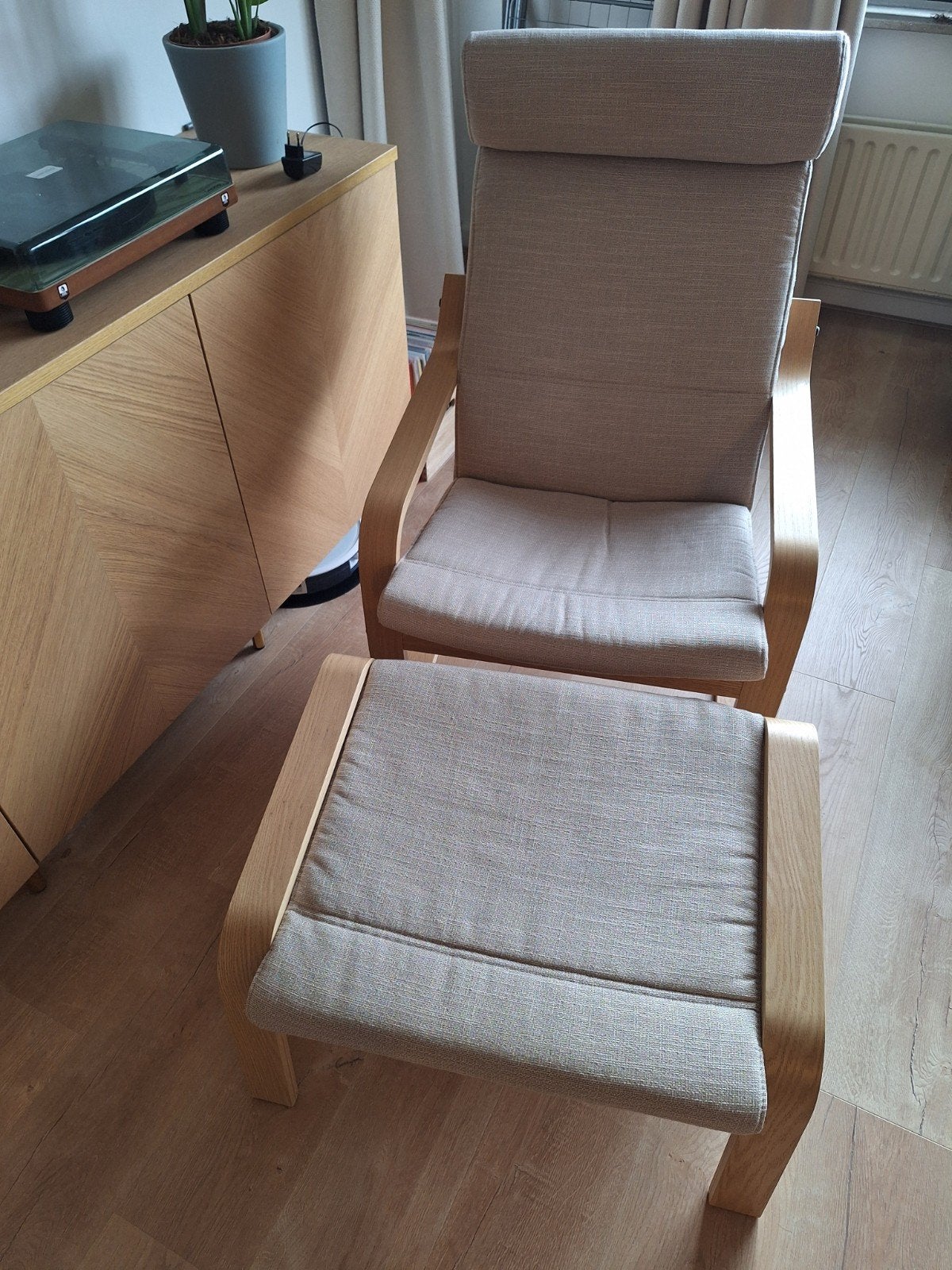 Ikea POÄNG Fauteuil met Voetenbank - Beige Eiken, Ophalen, Hout, Overige kleuren, Zo goed als nieuw