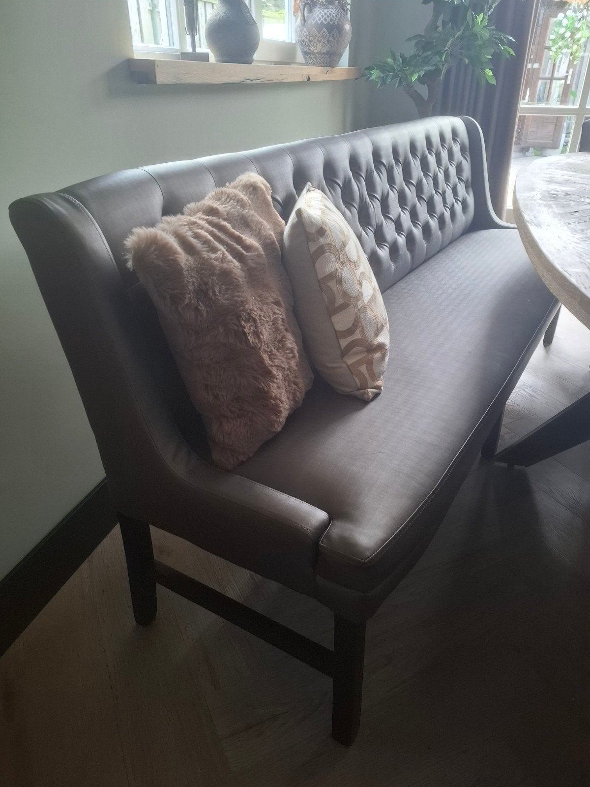 Prachtige eethoek: 3 stoelen en bankje (207cm) in grijs stof, Ophalen of Verzenden, Grijs, Stof