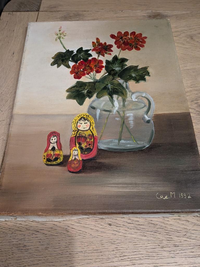 Schilderij met bloemen en Matroesjka poppen, Antiek en Kunst, Ophalen of Verzenden