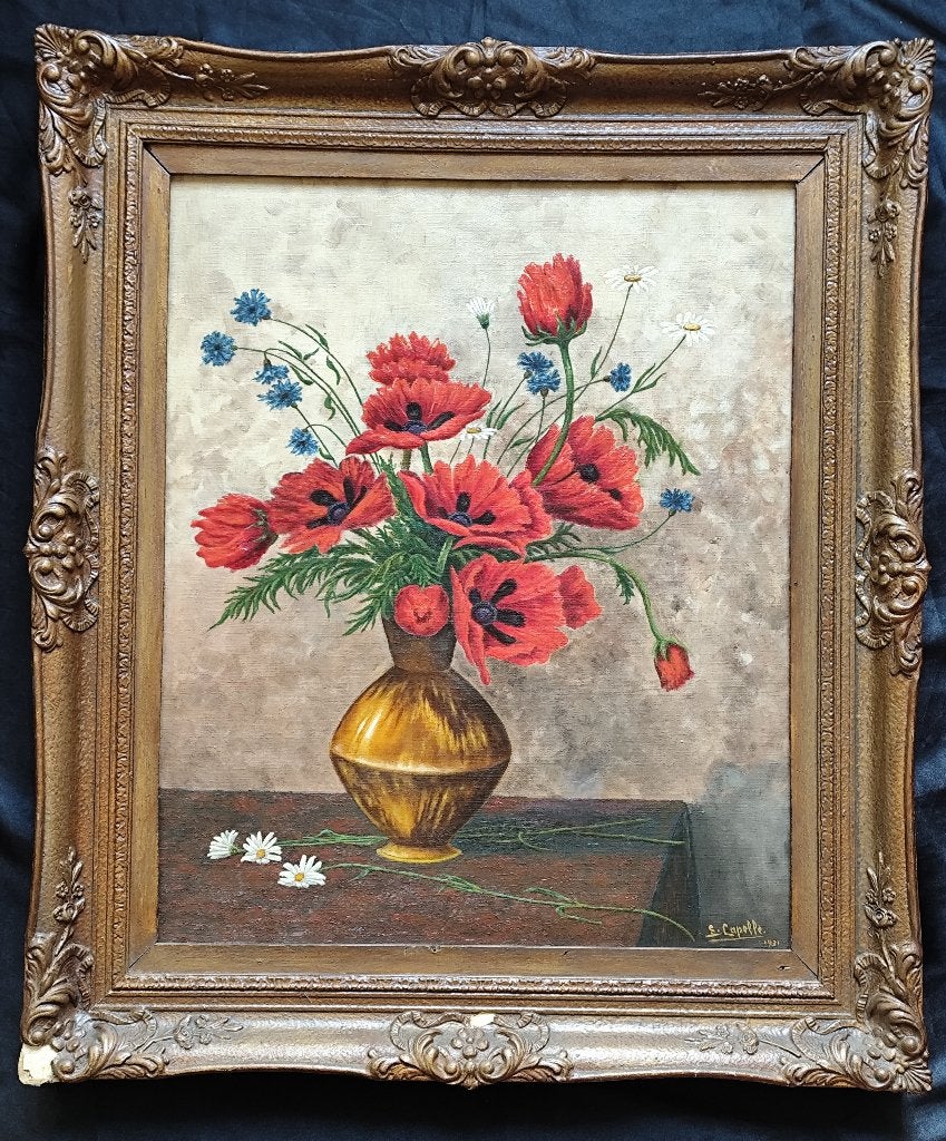 Klassiek Olieverf Bloemstilleven Gesigneerd S. Capelle 1931, Antiek en Kunst, Bloemen, Doek, Ophalen of Verzenden, Olieverf