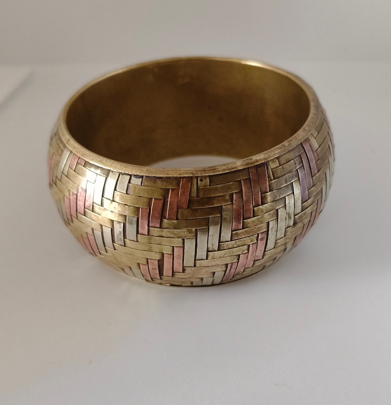 Vintage jaren '80 koperen en zilverkleurige messing armband, Ophalen of Verzenden, Zilver, Overige materialen