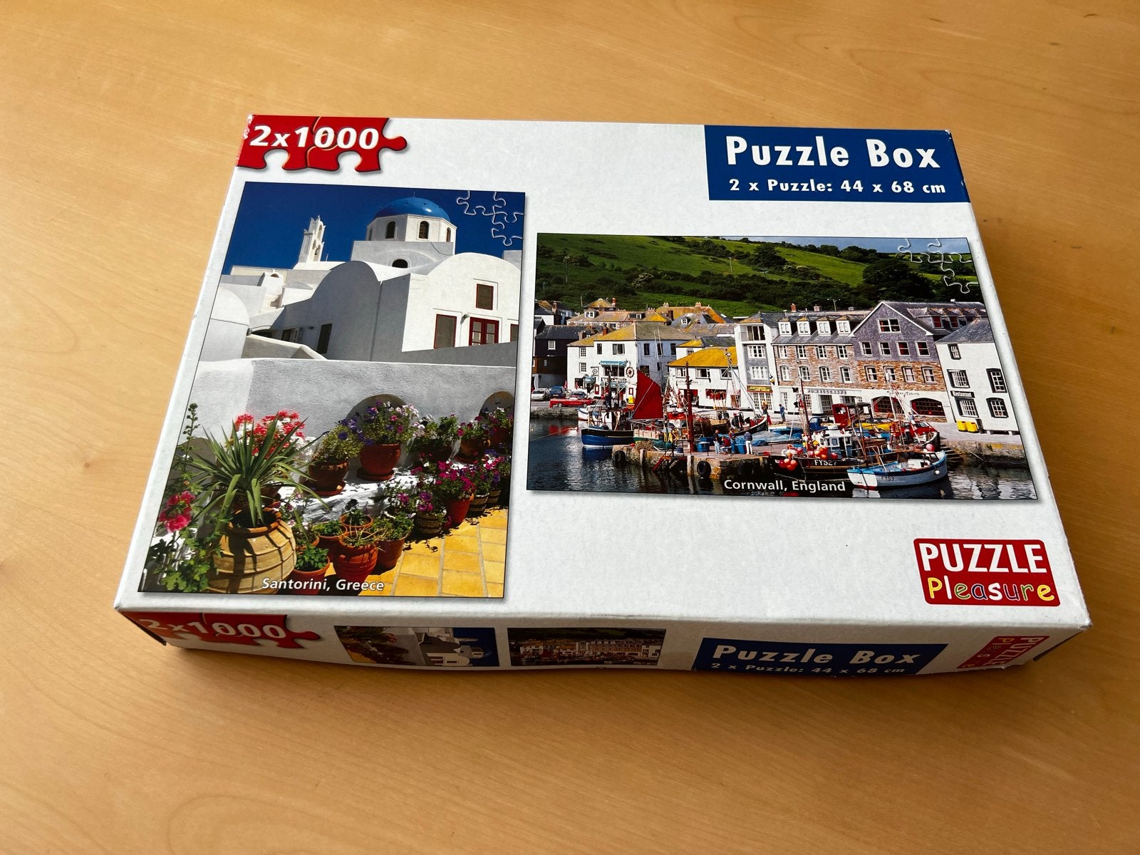 Puzzel Box 2x1000 stukjes Santorini & Cornwall, Ophalen of Verzenden, 500 t/m 1500 stukjes, Zo goed als nieuw, Legpuzzel