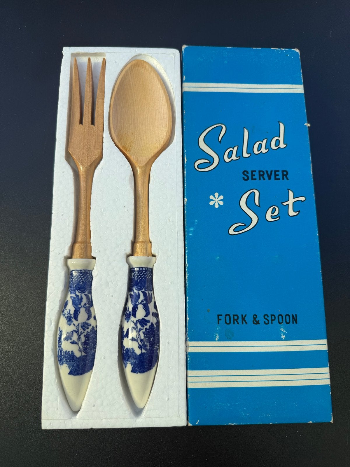 Vintage Blue Willow Saladebestekset Hout & Keramiek, Ophalen of Verzenden