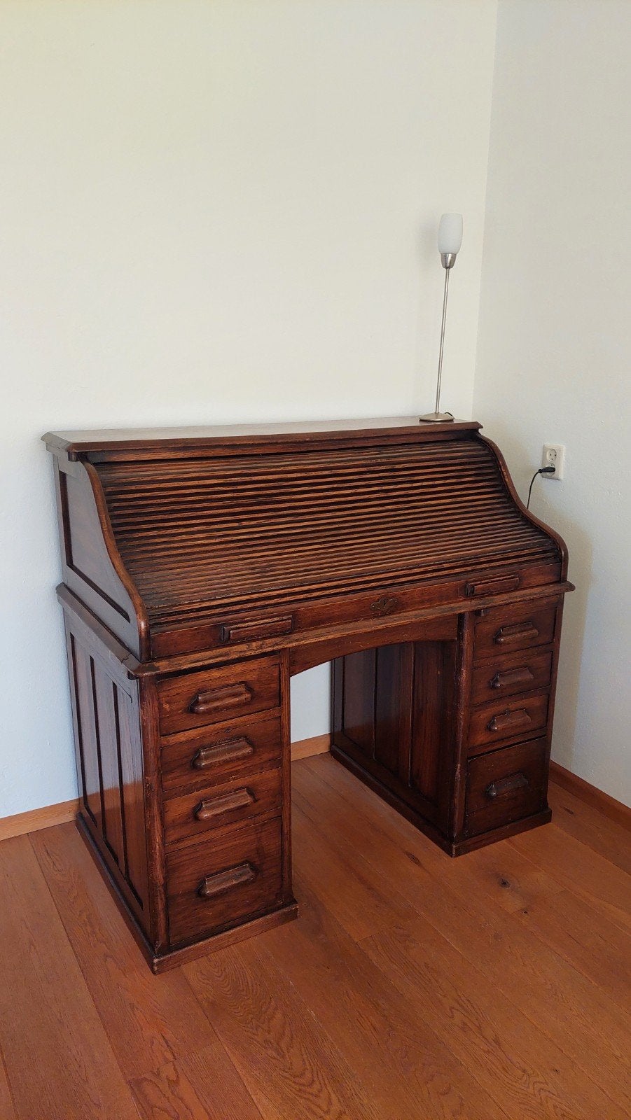 Antiek rolluikbureau van massief hout, Ophalen, Met lades, Gebruikt, Hout