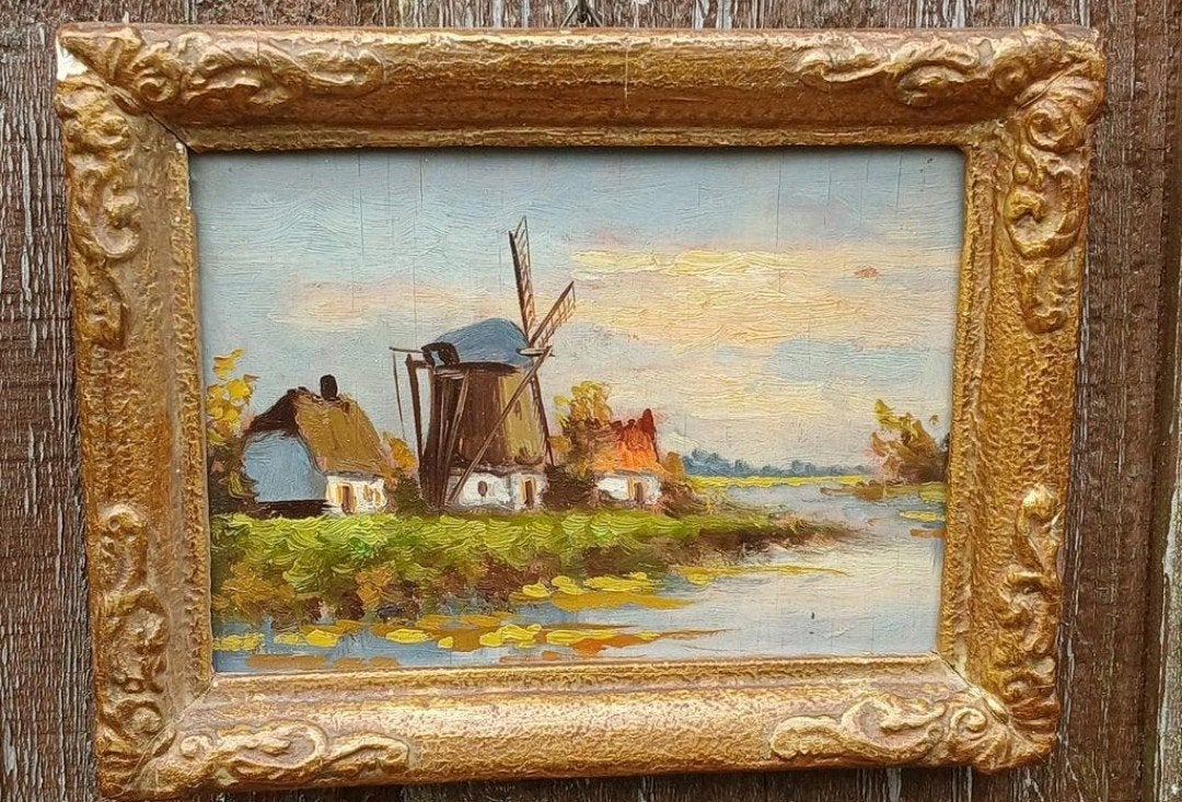 Oud Hollands Molenlandschap Olieverf op Paneel, Ophalen of Verzenden