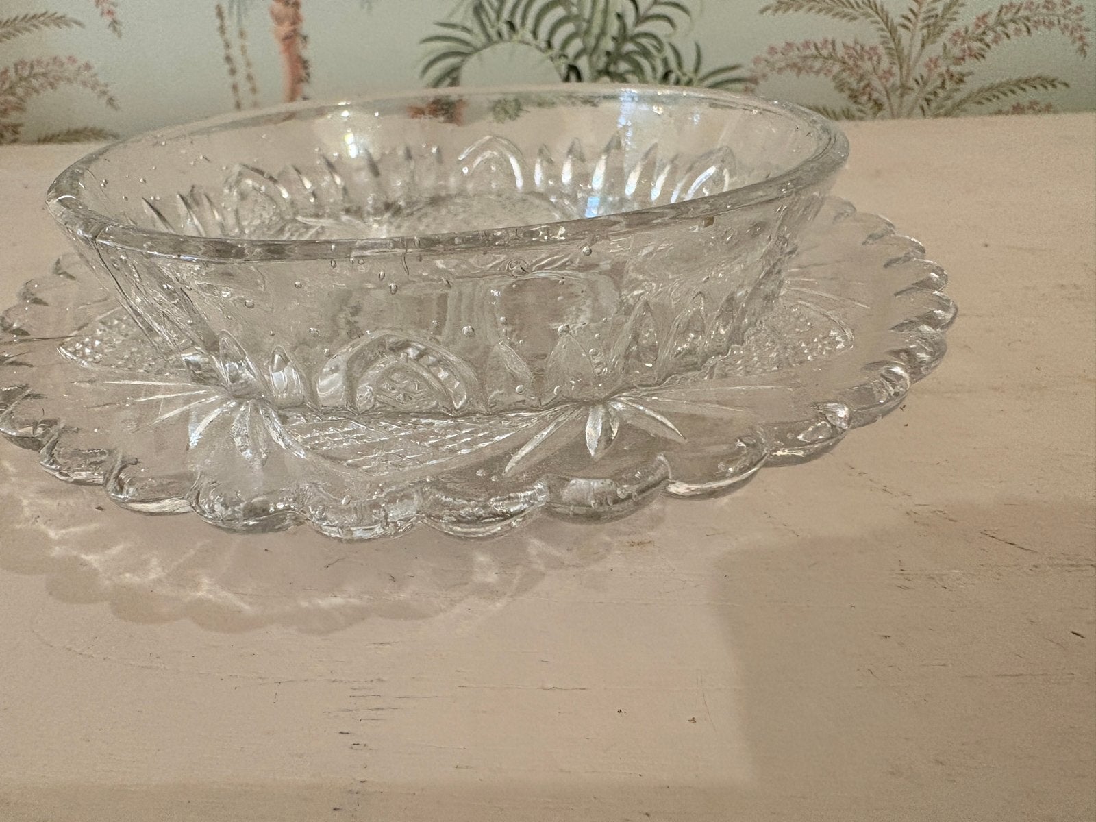 Vintage glazen dessertschaaltje met onderschotel, Antiek en Kunst, Ophalen of Verzenden