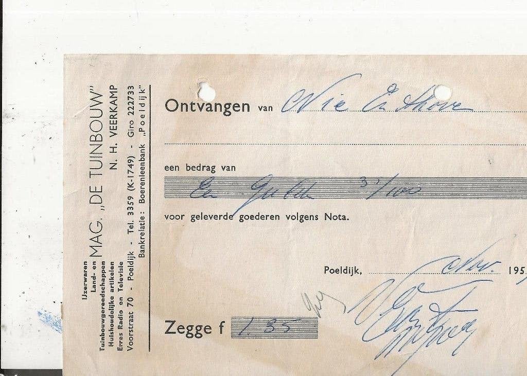 Poeldijk Magazijn de Tuinbouw Nota voor Nic Enthoven, Ophalen of Verzenden, 1940 tot 1960, Gelopen, Zuid-Holland