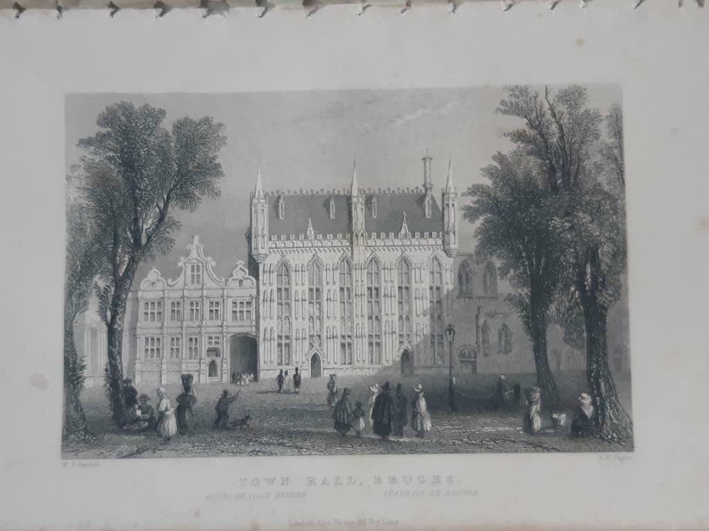 062/ Stadhuis van Brugge in België staalgravure uit 1835, Antiek en Kunst, Ophalen of Verzenden