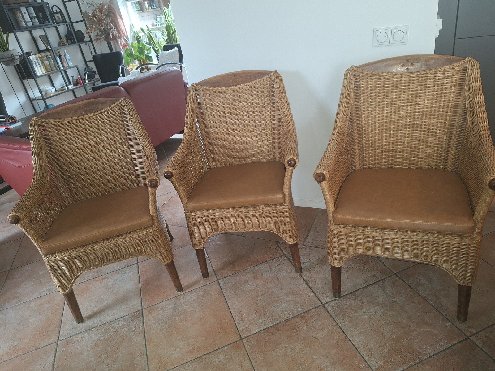 6 rieten eetkamerstoelen in goede staat, Ophalen, Gebruikt, Bruin, Riet of Rotan