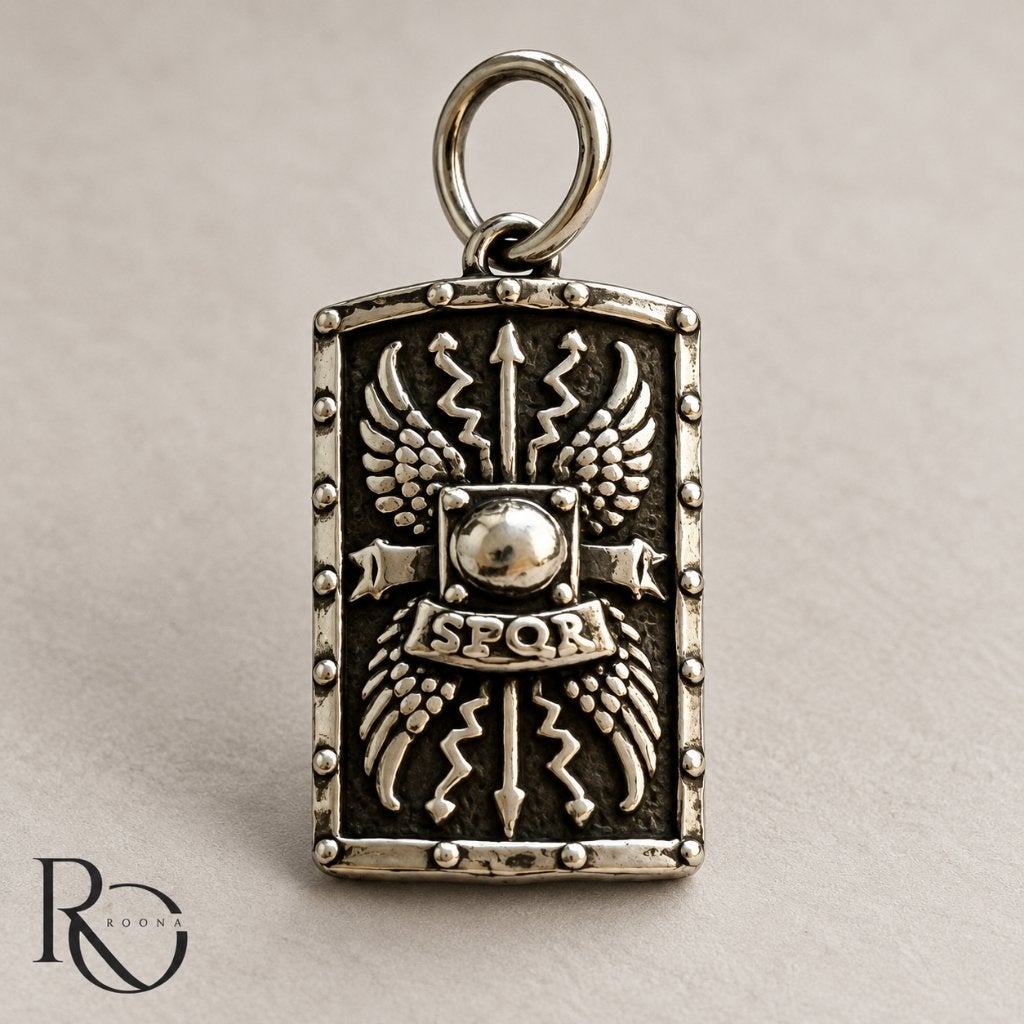 Zilveren Romeins Scutum Schild Hanger 925 Zilver SPQR, Verzenden, Nieuw, Kruis of Symbool, Zilver