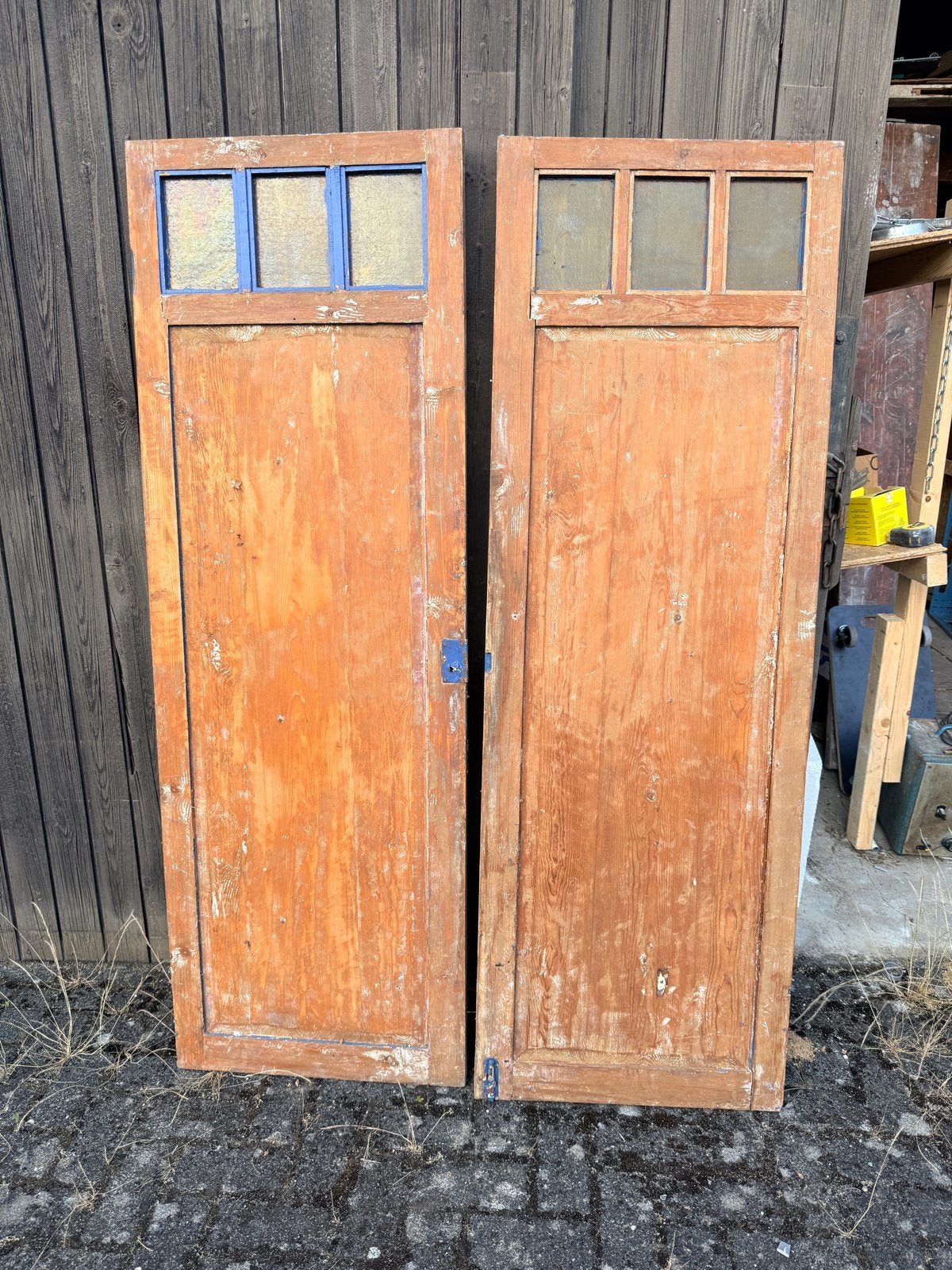 Set van 2 oude houten deuren met glas, Doe-het-zelf en Verbouw, Ophalen, Gebruikt, Minder dan 80 cm, Binnendeur