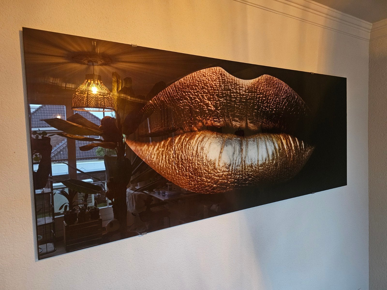 Glasschilderij Donkerbruin/zwart Gouden Lippen 200x80cm, Ophalen, 125 cm of meer, Zo goed als nieuw, Schilderij