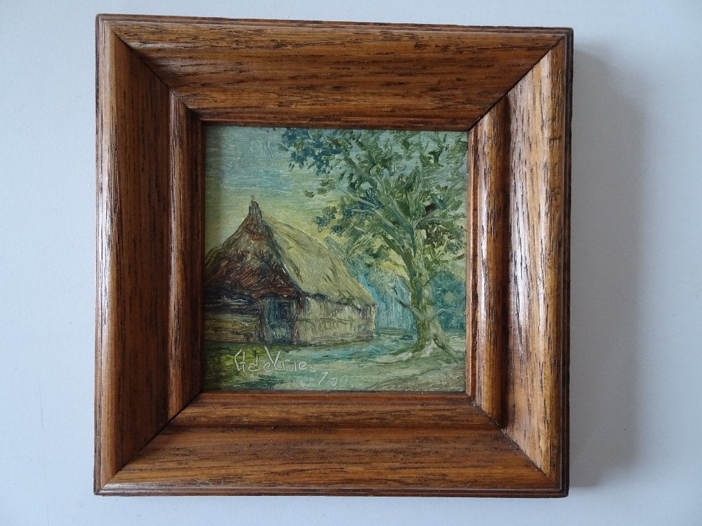 Miniatuur olieverf schilderij boerderij erf landschap boom, Antiek en Kunst, Ophalen of Verzenden