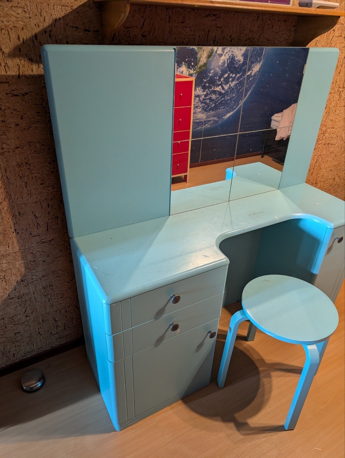 Vintage kinder kaptafel met spiegel en krukje - Lichtblauw, Huis en Inrichting, Ophalen, Gebruikt, 100 tot 150 cm, 100 tot 150 cm