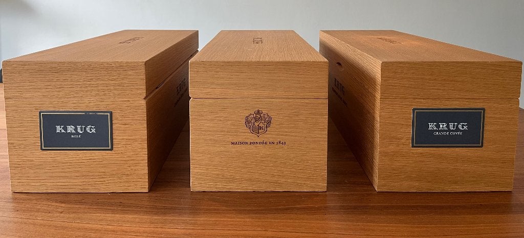 Originele KRUG Jéroboam 3L houten kist – Grande Cuvée / Rosé, Ophalen, Zo goed als nieuw, Frankrijk, Champagne