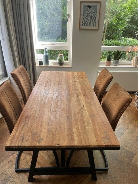Eettafel met stoelen - Ibiza look, Ophalen, Gebruikt, Teakhout, 50 tot 100 cm