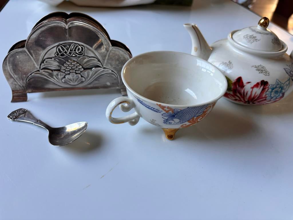 Verzilverde Servethouder en Suikerlepel met Theepot en Kopje, Ophalen of Verzenden
