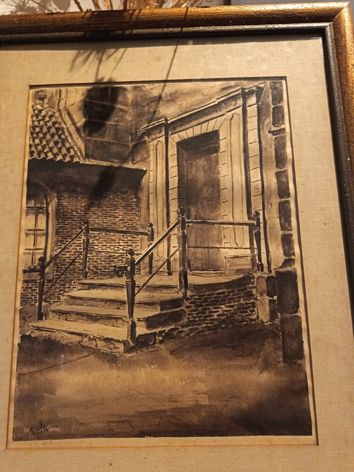Oude tekening van trap met gesigneerde handtekening, Ophalen of Verzenden, Tekening, Overige technieken, Ingelijst