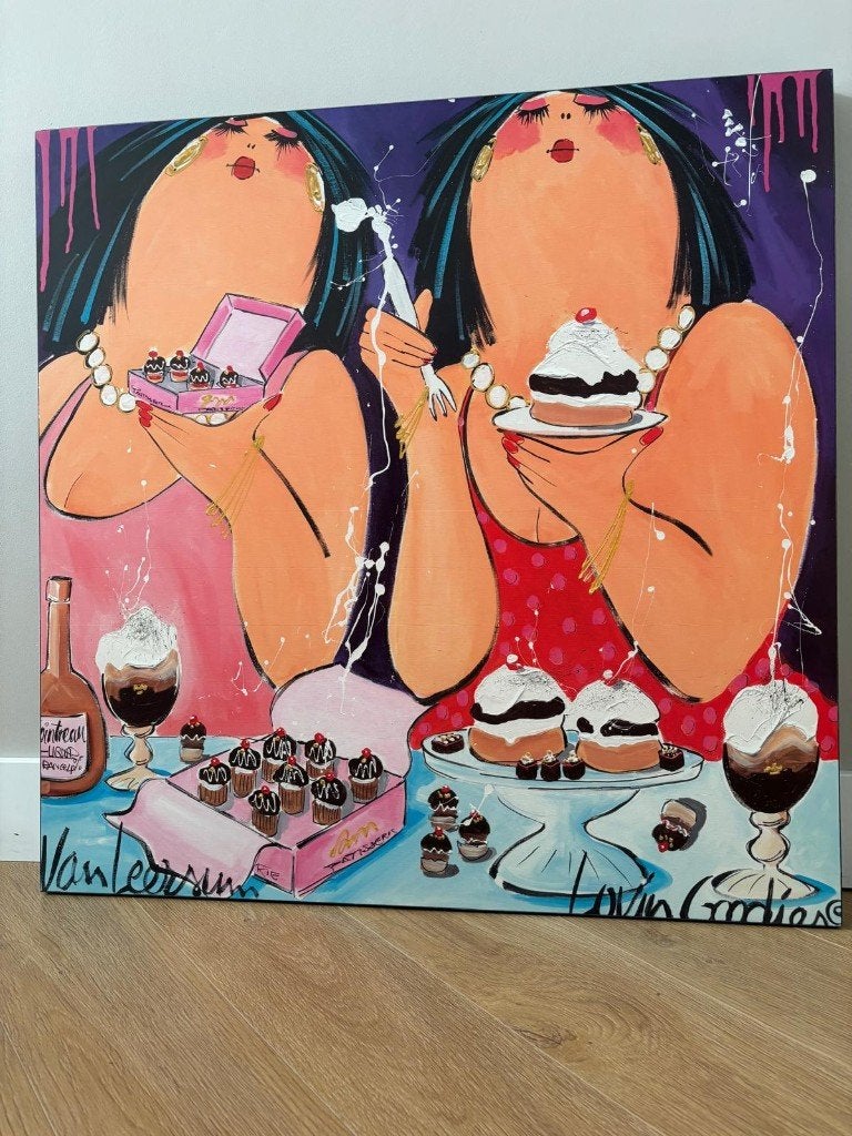 Dikke Dames KUNSTDRUK "Lovin Goodies", Antiek en Kunst, Ophalen, Zeefdruk