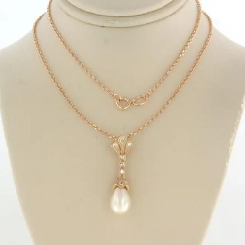 Ketting met hanger parel en diamantjes 0.20ct rosé goud 14k, Met hanger, Ophalen of Verzenden, Zo goed als nieuw, Goud