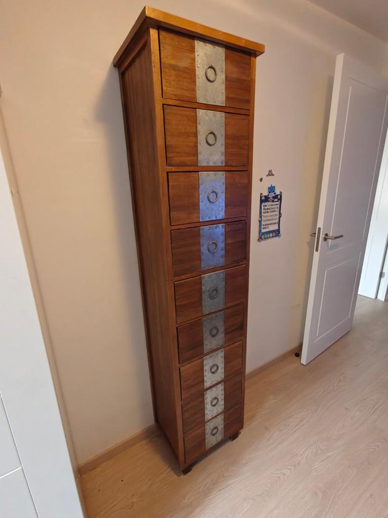 Hoge ladekast met 7 laden, hout en metaal, Minder dan 50 cm, Gebruikt, 5 laden of meer, 200 cm of meer