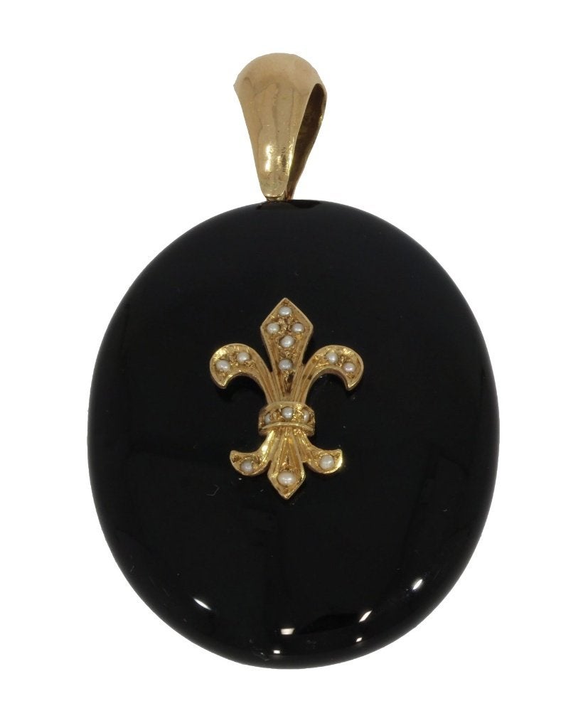 Onyx grote medaillon foto hanger 14k goud parels antiek dame, Ophalen of Verzenden, Goud, Hanger, Met edelsteen
