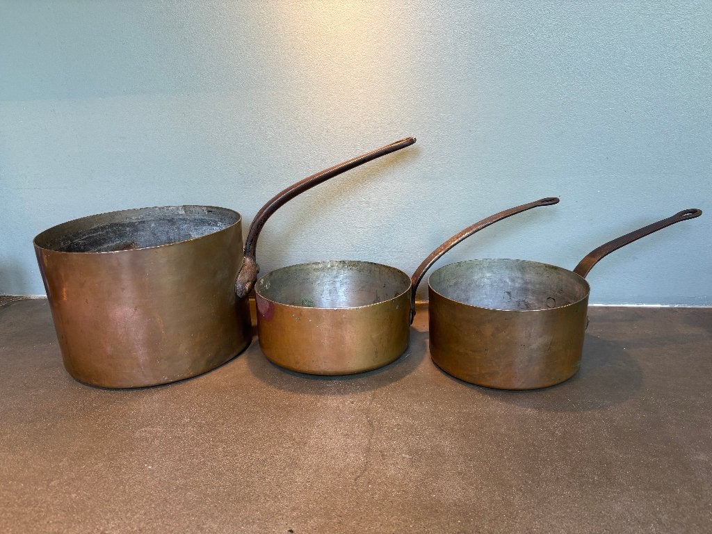 3 antieke Franse koperen pannen 19e eeuw, Antiek en Kunst, Antiek | Keukenbenodigdheden, Ophalen of Verzenden