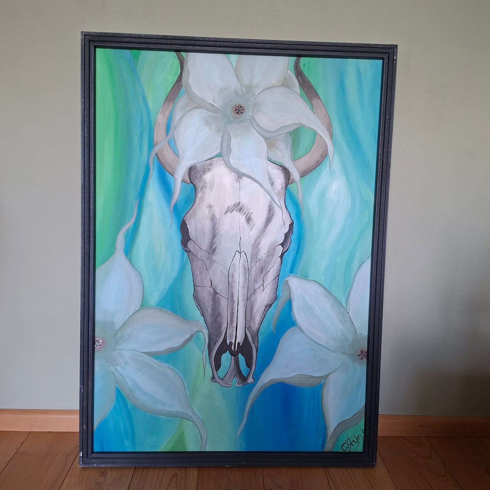 Schilderij schedel met bloemen, Ophalen of Verzenden