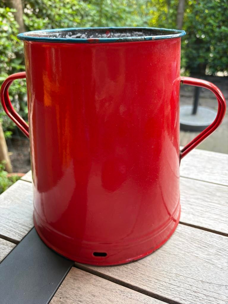 Vintage rode emaille emmer/pot met handvatten, Ophalen of Verzenden