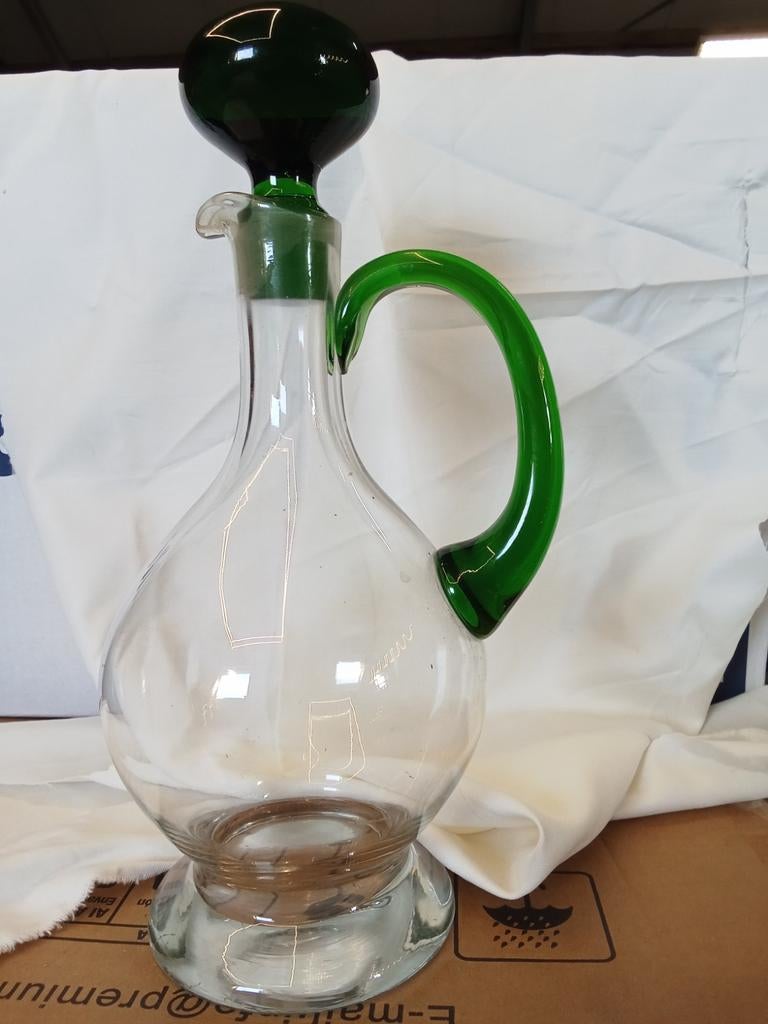 Vintage Karaf met Groen Glas Handvat en Stop, Ophalen of Verzenden