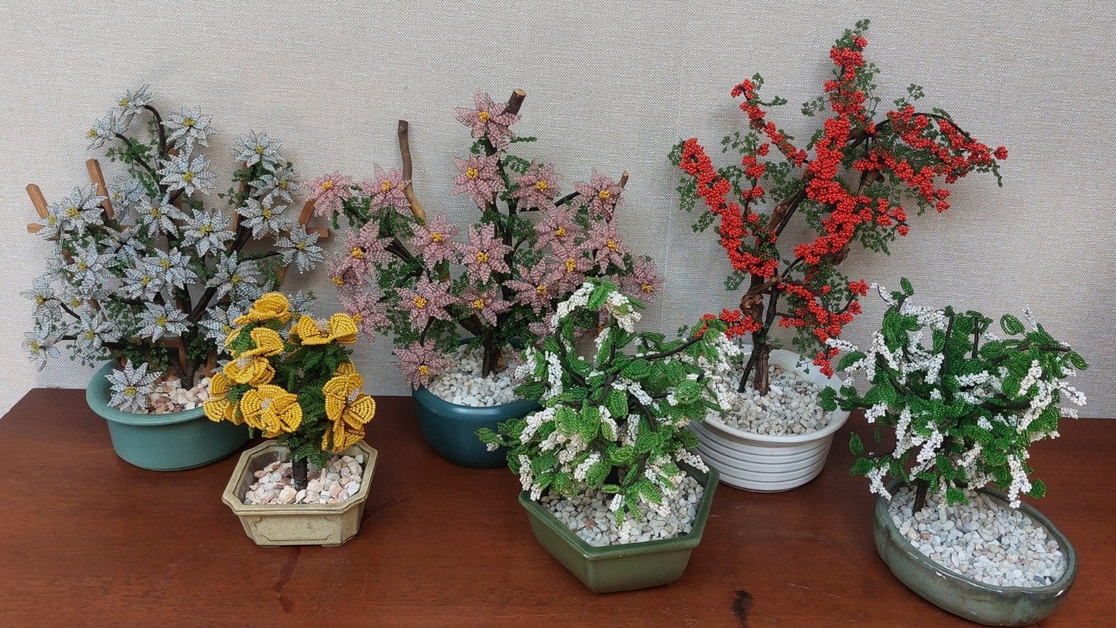 set van 6 vintage kralenboompjes / Franse kralenbloemen, Ophalen of Verzenden