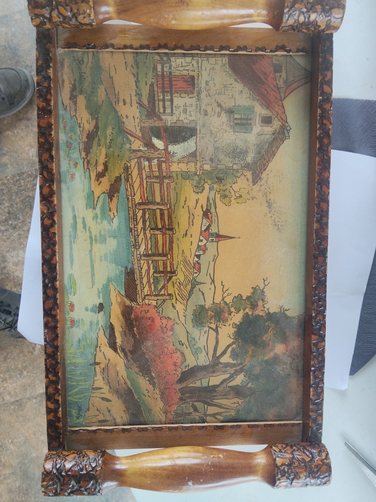 Antieke bedienblad met volkskunst schilderij, gesigneerd, Ophalen