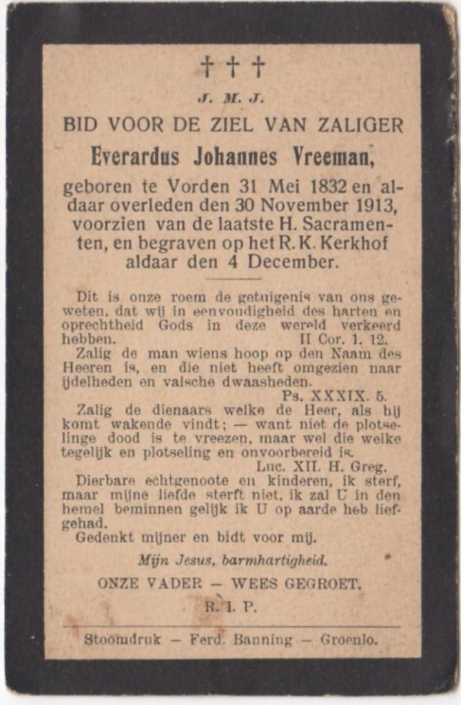 Everardus J. Vreeman 1832 Vorden + 1913 Vorden, 81 jaar, Verzenden