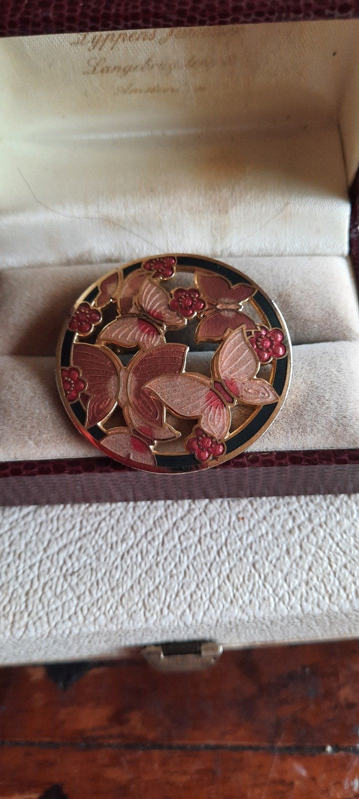 Vintage broche emaille cloisonné - vlinders roze, Behave., Ophalen of Verzenden