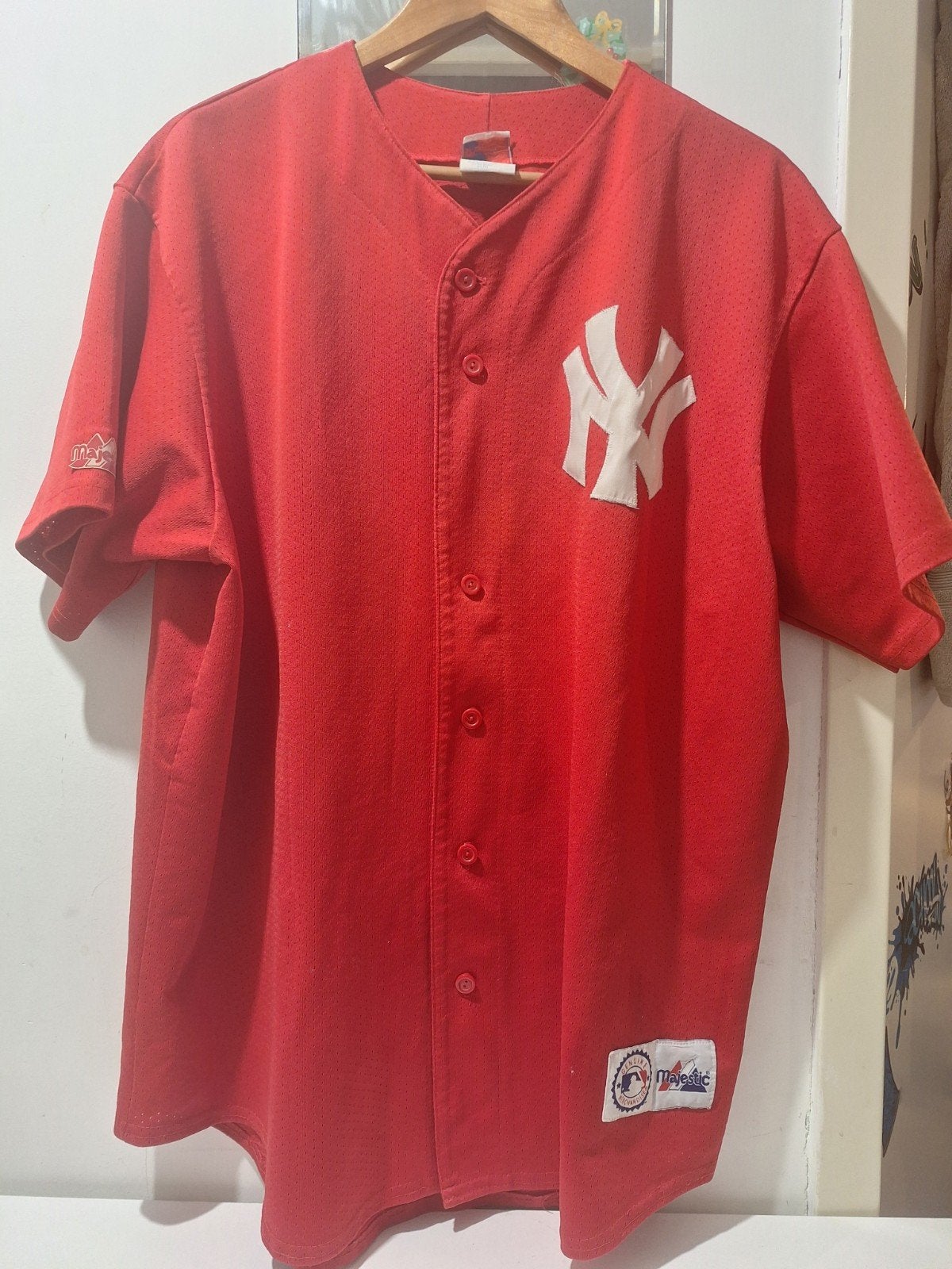 Vintage Rood New York Yankees Majestic Fashion Jersey Y2K, Overige maten, Ophalen of Verzenden, Majestic, Gedragen