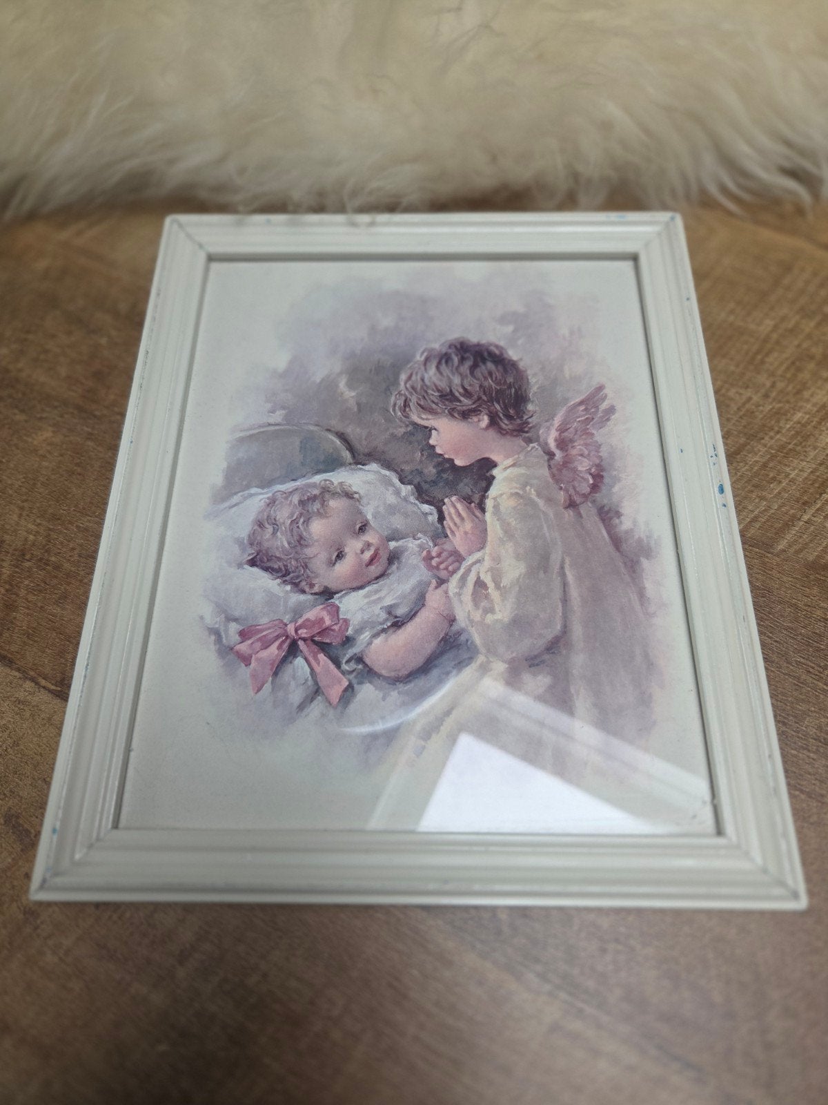 Vintage ingelijste print: Engel waakt over baby, Minder dan 50 cm, Gebruikt, Ophalen of Verzenden, Print