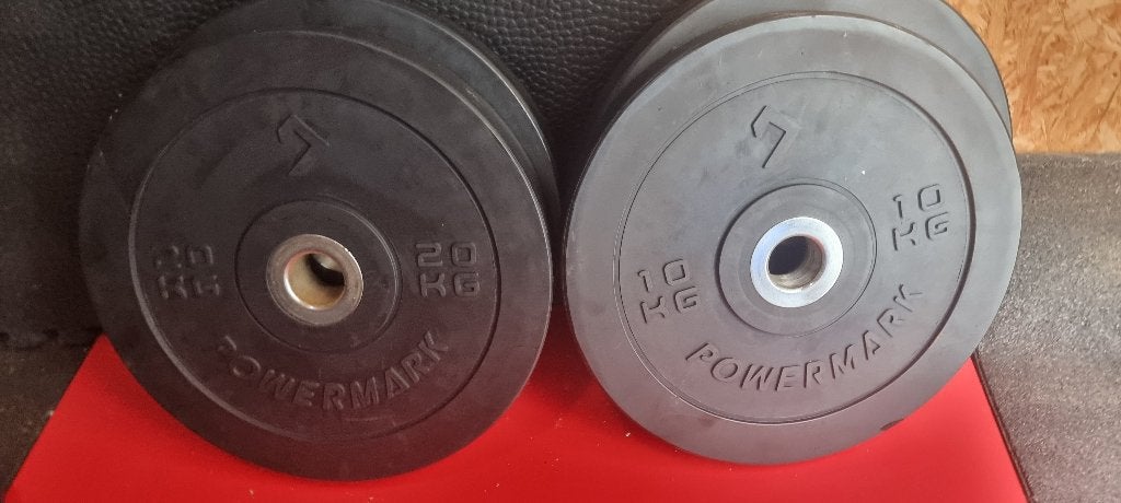 Bumper Plates 2x20kg/10kg en gietijzer 2x5kg/2.5kg, Ophalen, Zo goed als nieuw, Rug, Halterschijven