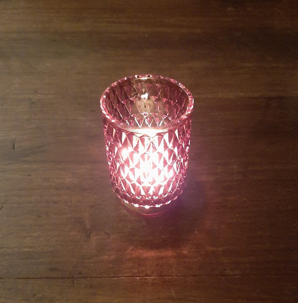 🕯️Preloved: 2 Glazen waxinelichthouders - Persglas🏷️€2,50-, Gebruikt, Waxinelichthouder, Ophalen of Verzenden, Glas