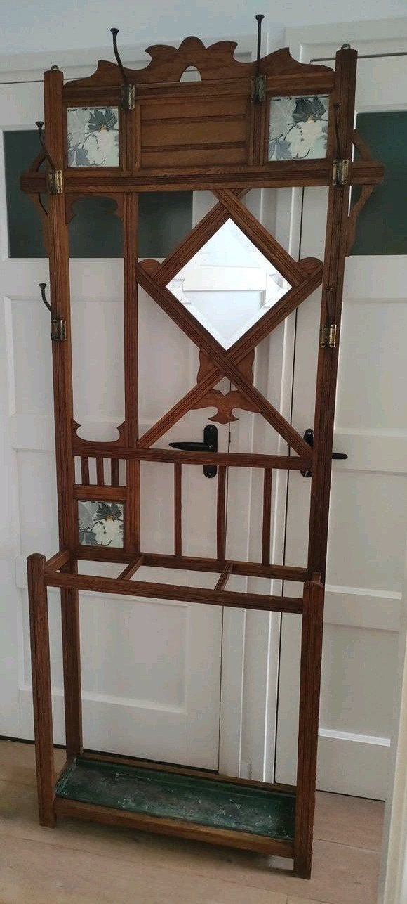 Antieke wandkapstok Jugendstil kapstok paraplubak spiegel, Ophalen, Gebruikt, Hout