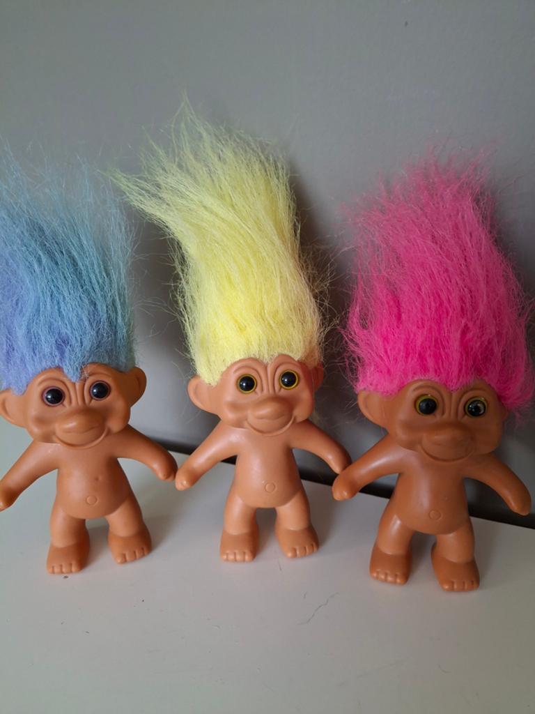 Vintage Troll Poppen - Set van 3 met Kleurrijk Haar, Ophalen of Verzenden, Gebruikt, Overige typen