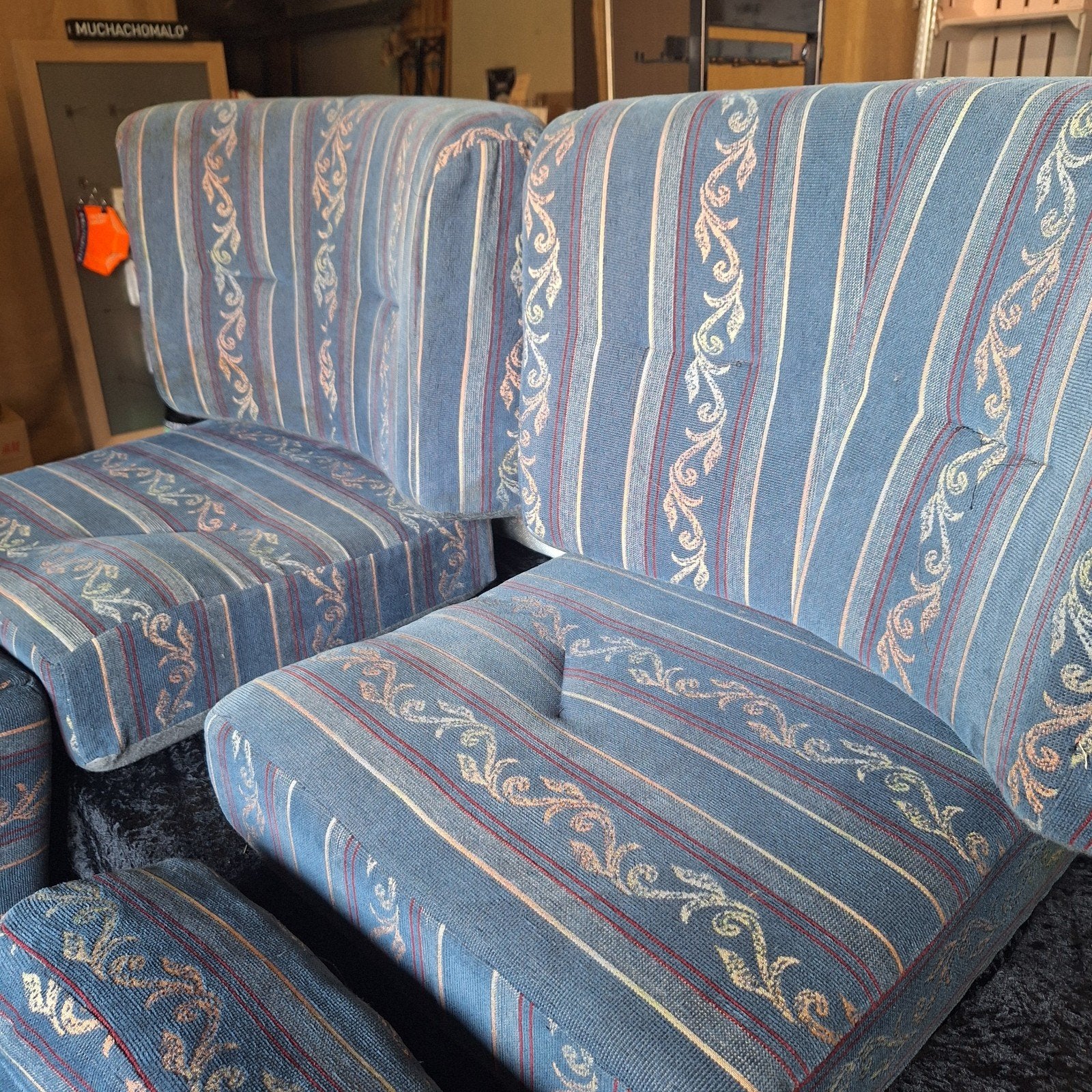 Set van 8 vintage kussens met blauw gestreepte stof, Ophalen, Gebruikt