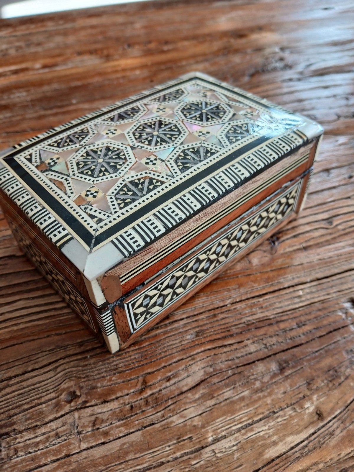 Prachtig ingelegde houten sieradendoos met parelmoer, Ophalen of Verzenden