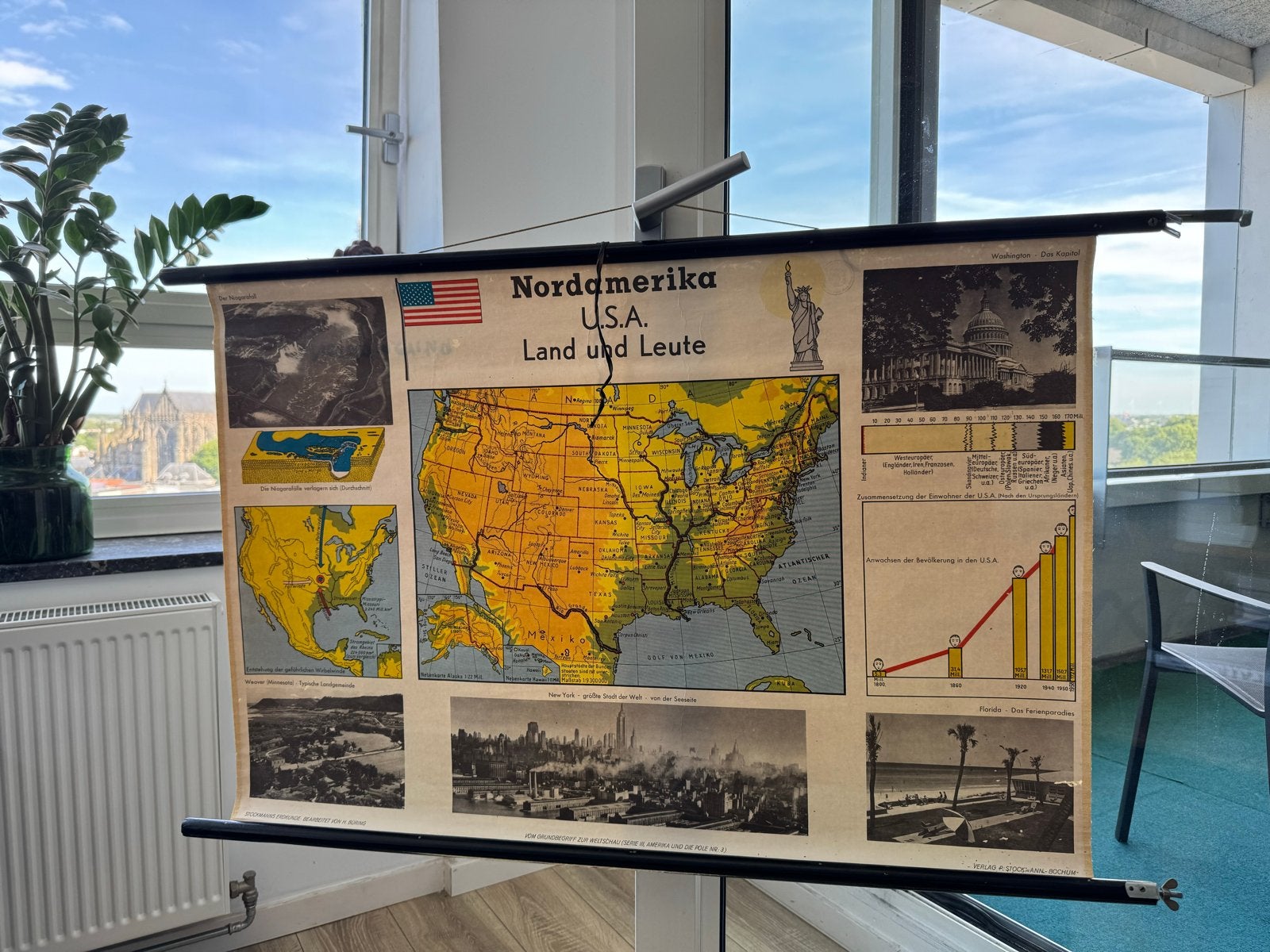 Vintage Schoolkaart Noord-Amerika U.S.A., Antiek en Kunst, Antiek | Schoolplaten, Ophalen, Aardrijkskunde