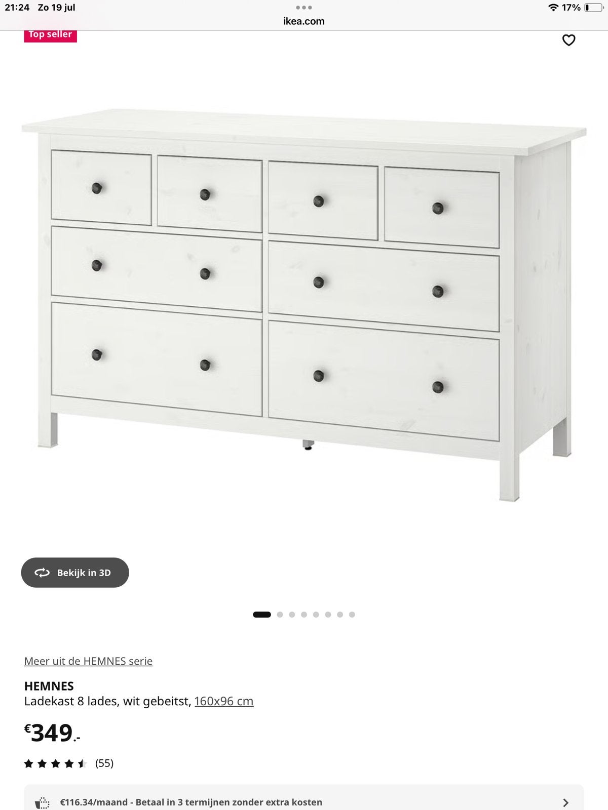 HEMNES Ladekast 8 lades wit gebeitst 160x96 cm, Huis en Inrichting, Kasten | Ladekasten, Ophalen, Gebruikt, 5 laden of meer, 150 tot 200 cm