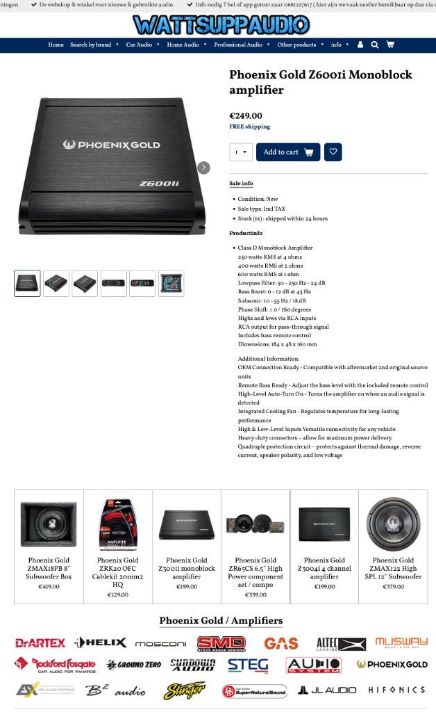 Phoenix Gold Z6001i Monoblok versterker 600W RMS, Auto diversen, Hifi-Focus, Aalsmeerderweg 173 1432 CL, Aalsmeer, Nieuw, Ophalen of Verzenden