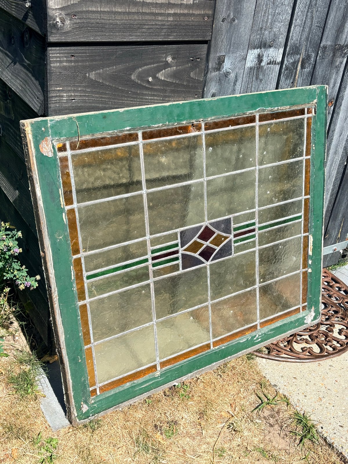 Antiek Glas-in-lood raam met houten kozijn, Ophalen
